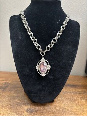 1928 Silver-Tone Necklace with a pale Purple Oval Crystal Center